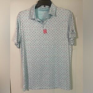 Pins & Aces Palm Sunday Blue Golf Polo Size Large Palm Trees Athletic SPF 45+